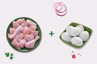 Combo: (Premium Full Chicken Curry Cut (Skinless) 1 Nos + Fresh Premium White Chicken Eggs Pack of 6)