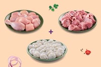Triple Combo: (480g Premium Chicken Skinless Curry Cut + 480g Premium Goat Curry Cut + 240g Indian Prawns (70+ Count/kg) Peeled & Deveined)