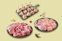 Triple Combo: (Premium Chicken Skinless Curry Cut 480g + Premium Tender Goat CurryCut 480g + Premium Chicken Lollipop 230g)