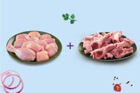 Combo: (Premium Chicken Skinless Curry Cut 480g to 500g Pack + Mutton Soup Bones 250g Pack)