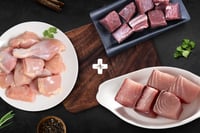 Triple Combo: (480g Premium Chicken Skinless Curry Cut + 400g Seer Fish / Neymeen / Surmai Curry Cut + 480g Yellow-fin Tuna / Kera Curry Cut)