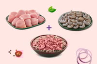 Triple Combo: (Premium Boneless Chicken Cubes 250g + Premium Goat Mince 280g + Indian Prawns(60+) Peeled & Deveined 240g)