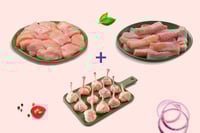 Triple Combo: (Premium Boneless Chicken Breast Mini Bites Cubes 250g + Premium Chicken Lollipop 480g + Baasa Fish Finger Cut 300g)