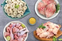 Jumbo Combo: (1kg Premium Chicken Skinless Curry Cut + 800g Kuttanadan Duck Curry Cut + 400g Seer / Neymeen Steaks + 400g Cleaned Small Wild-Caught Prawns)