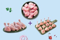 Triple Combo: (300g Premium Boneless Chicken Cubes + Premium Chicken Drumsticks (Pack of 6) + 230g Premium Chicken Lollipop with partial skin)