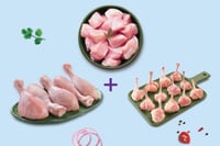 Triple Combo: (Premium Boneless Chicken Cubes 300g + Premium Chicken Drumsticks (Pack of 5) + Premium Chicken Lollipop 230g)