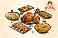 Festive Hamper: (Chicken Satay with Peanut Dip 270g + Crumb-fried Chicken Wings 250g + Honey Glazed Roasted Stuffed Chicken 1.1Kg + Corn Dog Korean Style Crumbed Chicken Sausage 230g + Butter Garlic Prawn With Corn 300g Pack + Korean Chicken Poppers 300g)