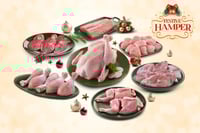 Festive Hamper Grand: ( Premium Chicken Dressed with Skin Whole 1.1kg + Goat Leg Steaks 380g + Seer Fish Steaks 400g + Premium Chicken Drumsticks Pack of 5 + Quail Skinless Pack of 2 + Indian Baasa Boneless Fillet 480g + 500g Premium Boneless Chicken Cube