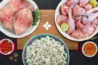 Triple Combo: (1kg Premium Chicken Skinless Curry Cut + 400g Seer / Surmai / Neymeen Steaks + 300g Small Cleaned Prawns)