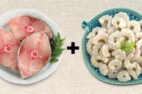 Combo Pack (400g SeerFish / Aykoora / Neymeen Steaks + 250g Prawns / Chemmin / Jhinga Cleaned and deveined) / عرض الكومبو - 400 جم كنعد - ماكريل إسباني - 300 جم روبيان - مقشر ومنظف الظهر