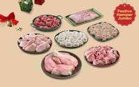 Festive Hamper Jumbo: (480g Premium Chicken Tangdi Biryani Cut + 480g Vigova Duck Curry Cut + 480g Lean Premium Tender Goat Curry Cut + 240g Squid Rings + 500g Kazhanthan PD + 500g Reef Cod Fillet + 380g Yellow Fin Tuna Skinless Cubes)