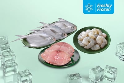 Freshly Frozen Triple combo: (Seer Fish Steaks 230g + Silver Pomfret Whole 530g + Jumbo Prawns PD (20+) 230g pack)