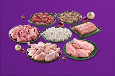 Festive Hamper Jumbo II: (Chicken Tangdi Biryani Cut 480g + Vigova Duck Curry Cut 480g  + Goat Curry Cut 480g + Squid Rings 240g + Kazhanthan PD 500g + Baasa Boneless Fillet 480g + Yellow Fin Tuna Skinless Cubes 380g)