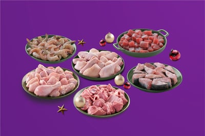 Festive Hamper Jumbo I: (Chicken Skinless Curry Cut 980g + Vigova Duck Curry Cut 480g + Lean Goat Curry Cut 480g + Seer Fish Curry Cut 250g + Kazhanthan PD 480g + Yellow Fin Tuna Skinless Cubes 380g)