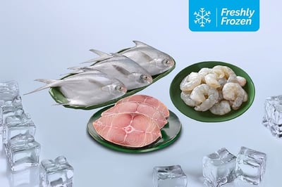 Freshly Frozen Triple Combo: (Silver Pomfret Whole 530g + Jumbo Prawns PD 230g + Seer Fish Steaks 500g) 