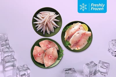 Freshly Frozen Triple combo: (Anchovy Cleaned 230g + Tilapia Boneless Fillet 500g + Seer Fish Steaks 230g) 