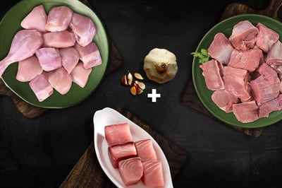 Triple Combo: (480g Premium Chicken Skinless Curry Cut + 480g Goat Curry Cut + 500g Large Seer Fish / Neymeen / Surmai Curry Cut)