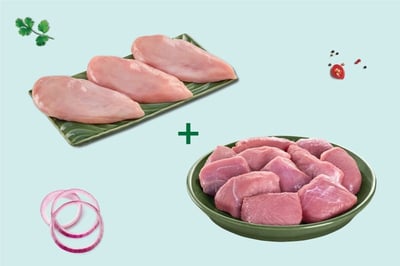 Combo: (Premium Boneless Chicken Breast Fillet 480g + Premium Goat Boneless Curry Cut 300g)