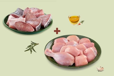 Combo: (480g Premium Chicken Skinless Curry Cut + 480g Catla (2kg to 3.5kg) Bengali Cut Headless)