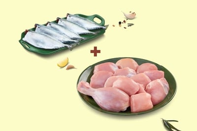 Combo: (Premium Chicken Skinless Curry Cut 500g + Mackerel/Ayala (10-14 Cnt/kg) Whole Cleaned 500g)
