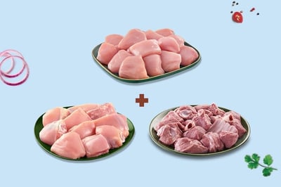 Triple Combo: (480g Premium Goat Curry Cut + 450g Premium Chicken Skinless Small Curry Cut + 250g Premium Boneless Chicken Cubes)