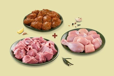Triple Combo: (480g Premium Chicken Skinless Curry Cut + 480g Premium Tender Goat Curry Cut + 250g Tangy Chicken Ghee Roast)