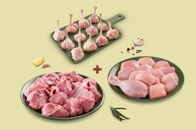 Triple Combo: (Premium Chicken Skinless Curry Cut 480g + Premium Tender Goat CurryCut 480g + Premium Chicken Lollipop 230g)
