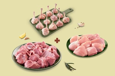 Triple Combo: (Premium Chicken Skinless Curry Cut Small Pieces 450g + Premium Tender Goat Curry Cut 480g + Premium Chicken Lollipop 230g)