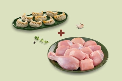 Combo: (Premium Tender Chicken Skinless Curry Cut 1Kg + Handcrafted Chicken Dumplings / Momos Pack of 8)