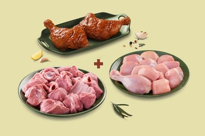 Triple Combo: (Premium Goat Curry Cut 500g + Premium Chicken Skinless Curry Cut 500g + Tandoori Chicken Legs 450g)