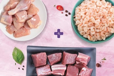 Triple Combo: (480g Yellow Fin Tuna / Kera Curry Cut + 480g of Premium Chicken Skinless Curry Cut + 250g Small Cleaned Prawns)