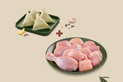 Combo: (480g Premium Chicken Skinless Curry Cut + Pack of 4 Malabar Chicken Samosas)