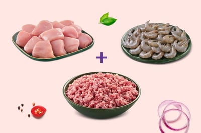 Triple Combo: (Premium Boneless Chicken Cubes 250g + Premium Goat Mince 280g + Indian Prawns(60+) Peeled & Deveined 240g)
