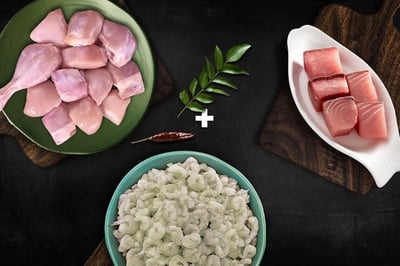 Triple Combo: (480g Premium Chicken Skinless Curry Cut + 500g Large Seer Fish / Neymeen / Surmai Curry Cut + 500g Small Cleaned Prawns)