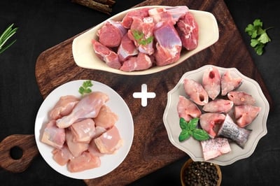 Combo: (500Kg Premium  Chicken Skinless Curry Cut  + 500g Premium Goat Curry Cut + 500g Rohu Curry Cut without Head)