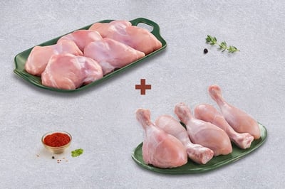 Combo: (Premium Chicken Thigh Boneless 380g + Premium Chicken Skinless Drumsticks Pack of 5)