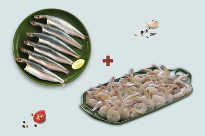 Combo: (480g Premium Sardine Cleaned with Partial Head + 230g Indian Prawns/Venami - Tail On 60+ Count/kg)
