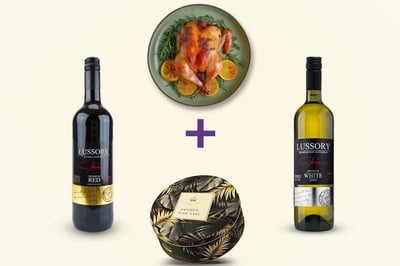 0% Alcoholic White Wine + 0% Alcoholic Red Wine+ Mattancheri Matured Plum Cake + Herb Roast Whole Chicken