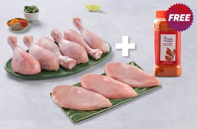 Combo: (Premium Chicken Drumsticks Pack of 6 + Premium Boneless Chicken Breast Fillet 500g + Chilli Powder (Freshly Ground) 250g)