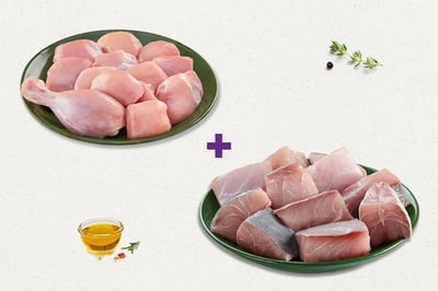 Combo: (Premium Tender Chicken Skinless Curry Cut 500g + Trevally/Vatta Curry Cut 500g)