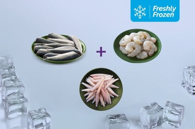 Freshly Frozen Triple Combo: (Sardine (Large) 200g + Anchovy Whole Cleaned 200g + Jumbo Prawns - PD Meat 200g)