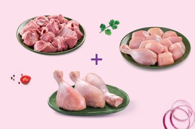 Triple Combo: (Premium Chicken Skinless Curry Cut 480g + Premium Goat Curry Cut 480g + Premium Chicken Drumsticks Skinless 3 Pcs)