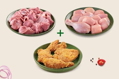 Triple Combo: (Premium Goat Curry Cut 480g + Premium Chicken Skinless Curry Cut 480g + Ghost Chilli Fried Chicken 400g)