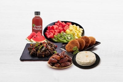 Iftar Combo: (330ML Watermelon Juice + 10pc Rice Pathiri + 250g Meat Roast + 4pc Chicken Cutlet Tandoori Style + 250g Mix Cut Fruits + 150g Dates)