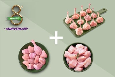 Triple Combo: (480g Premium Chicken Skinless Curry Cut + 480g Premium Boneless Chicken Cubes + 480g Premium Chicken Lollipop)