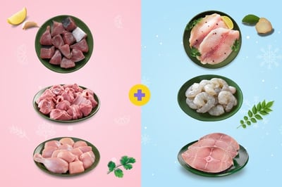 Jumbo Combo I :(Chicken Curry Cut 480g + Goat Curry Cut 480g + Kera Curry Cut 480g + Frozen Seer Fish Steaks 200g + Frozen Jumbo Prawns PD 200g + Frozen Tilapia Boneless Fillet 470g)