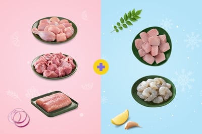 Jumbo Combo III : (Chicken Curry cut 480g + Goat Curry Cut 480g + Baasa Fillet 250g + Frozen  Seer Fish Curry Cut 470g + Frozen Jumbo Prawns PD 200g)
