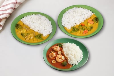 Triple Combo: (Thai Red Prawn Curry with Jasmine Rice + Thai Yellow Chicken Curry with Jasmine Rice + Thai Yellow Veg Curry with Jasmine Rice)