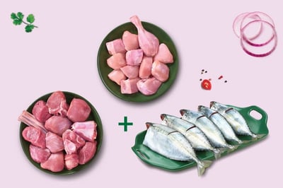 Triple Combo: (Premium Goat Curry Cut 480g + Premium Chicken Skinless Curry Cut 480g + Mackerel / Ayala (10+ Count/kg) Curry Cut with head pieces 480g) 
