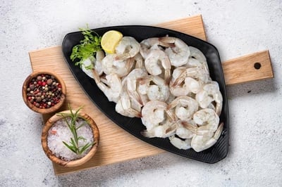 Indian Prawns / Venami / Vannamei / Jhinga / Chemmin (10+ Count/kg) - Headless (No Head, Rest with shell, tail)